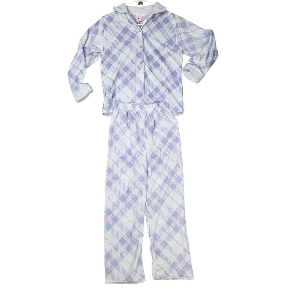 dELiA's Girl 14/16 Blue Plaid Pajama Set Fleece Sherpa Collar‎ Pants Good